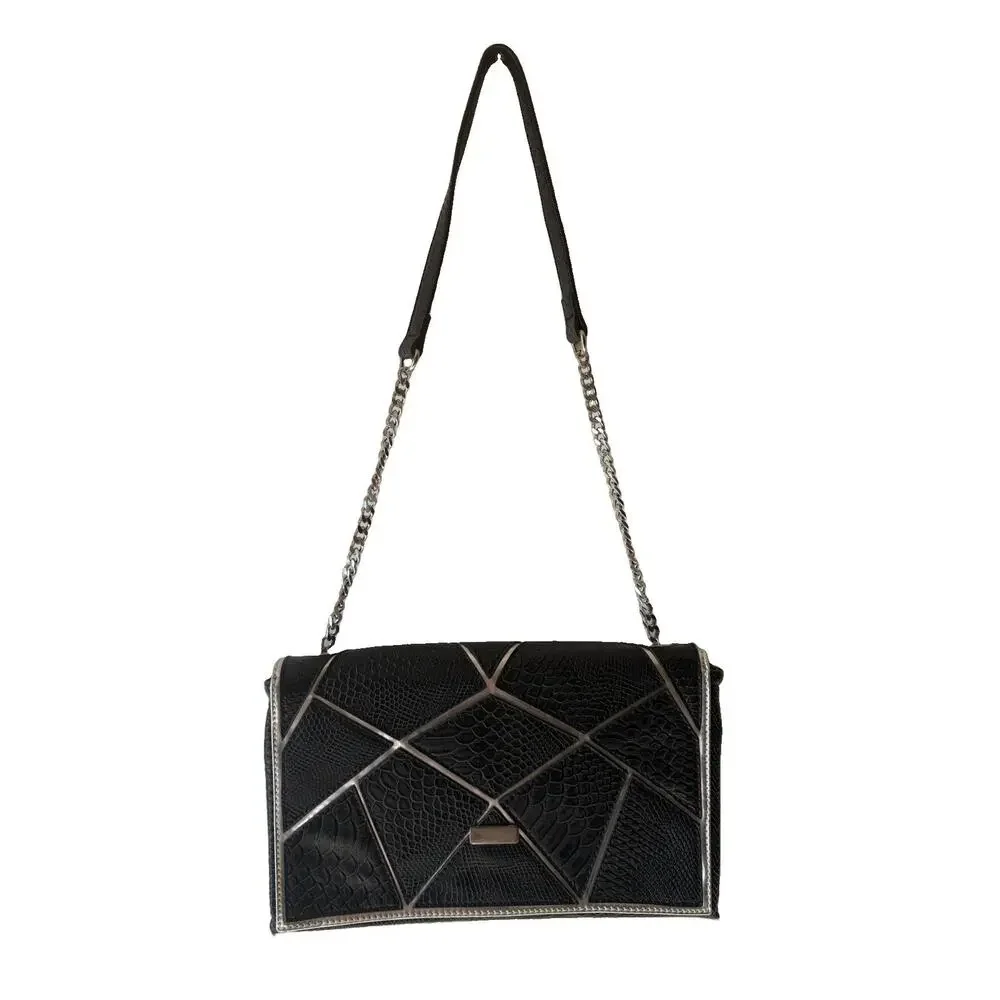 Yaumi K Black Faux Snakeskin Geometric Silver Chain Shoulder Bag 13”